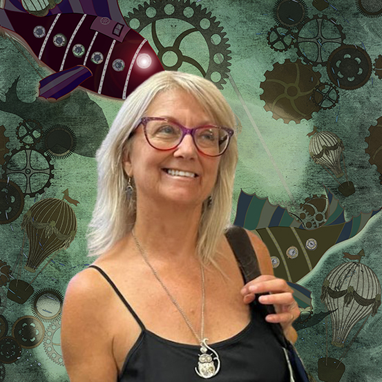 a woman wearing glasses and smiling in front of an underwater steampunk art print