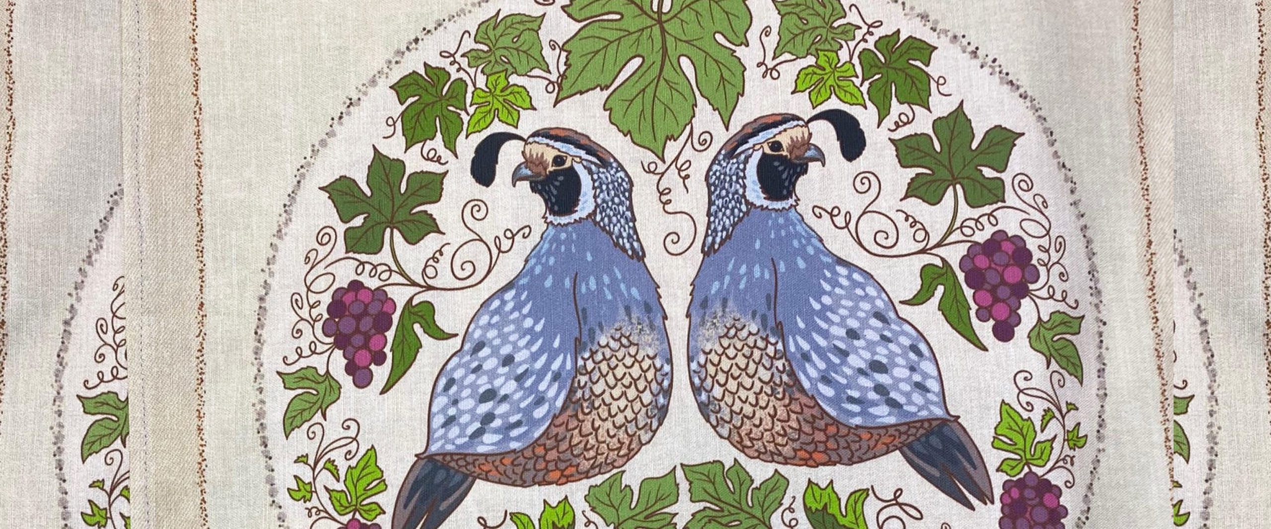 cotton linen tea towels with a quail and grape vine design