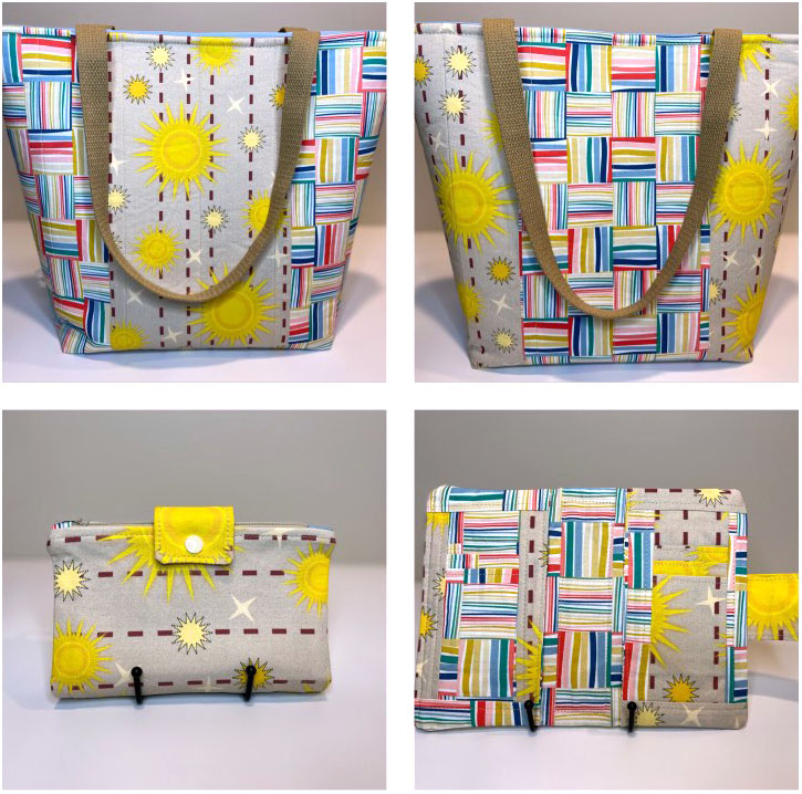 a handmade tote with a colorful check and sunshine pattern