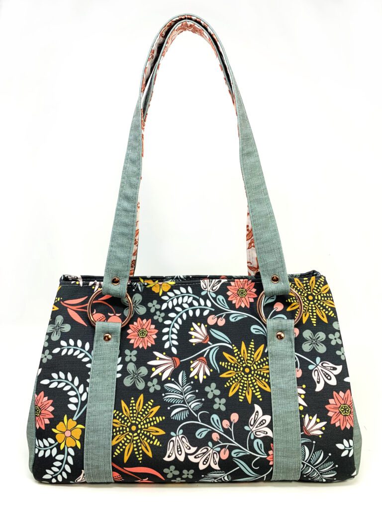 A handmade happy handbag made from Spoonflower Recycled Canvas
